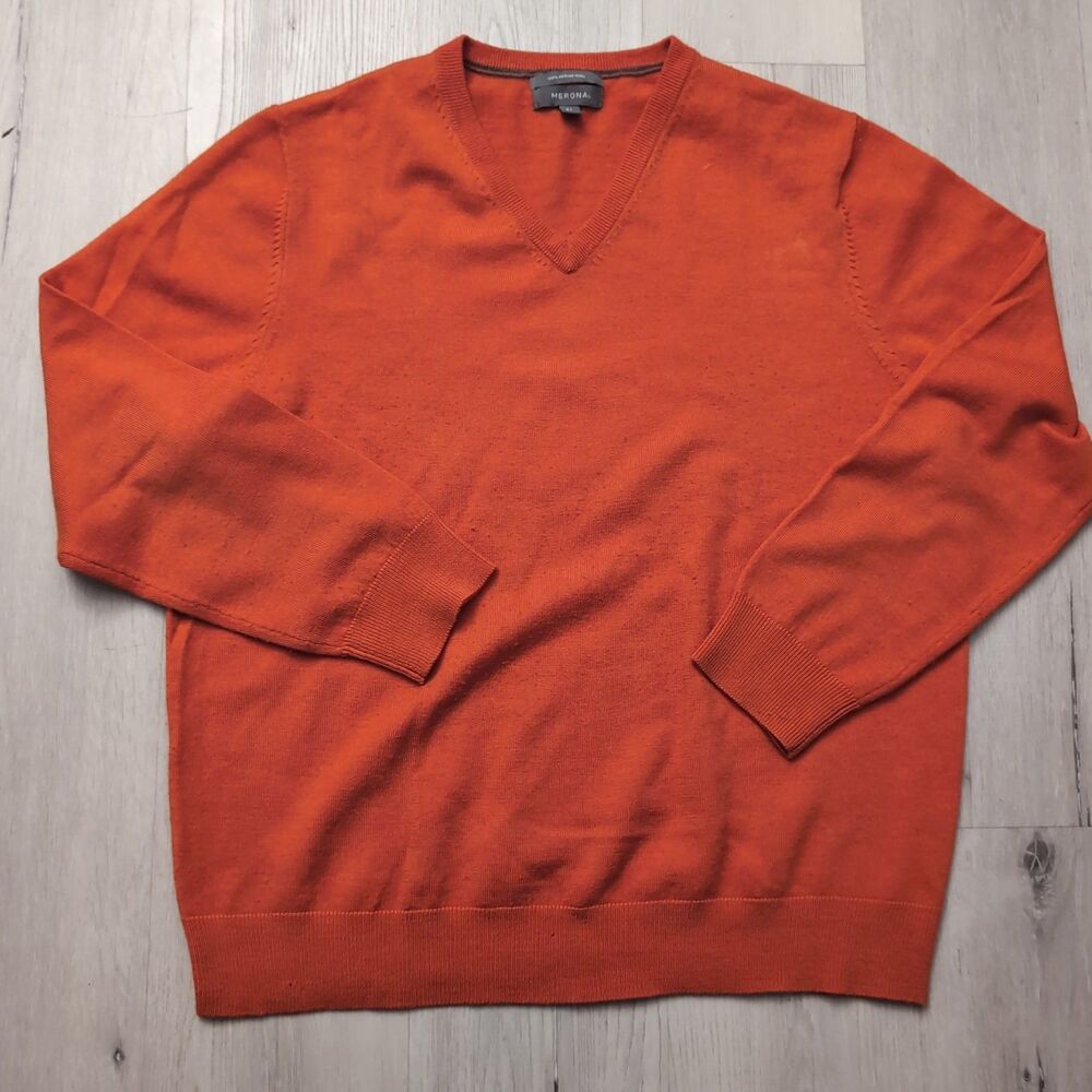 Merona Merino Wool V-Neck Sweater Mens XL Orange